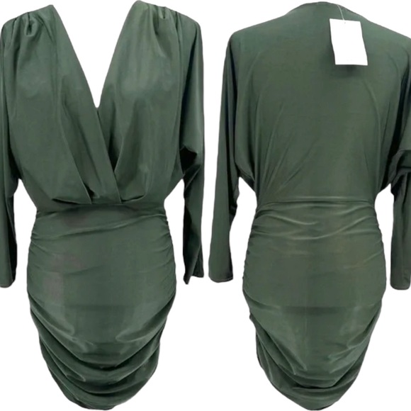 Boutique Dresses & Skirts - SOLD! Olive Green Surplice Batwing Midi Ruched Long Sleeve Dress Size Medium/8